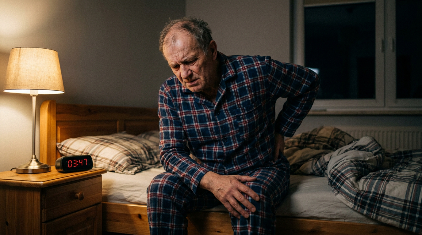 Andrzej siedzi na krawędzi łóżka